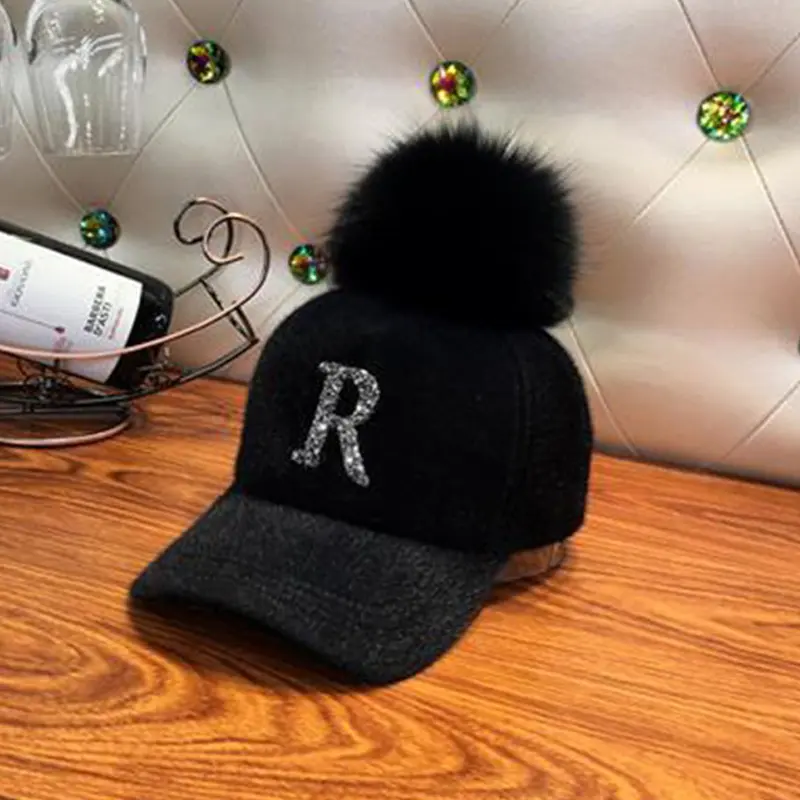 Autumn Winter Warm Baseball Cap Women Rhinestone Letter Pompom Hip Hop Caps Ladies Girls Fur Ball Casual Sun Hats