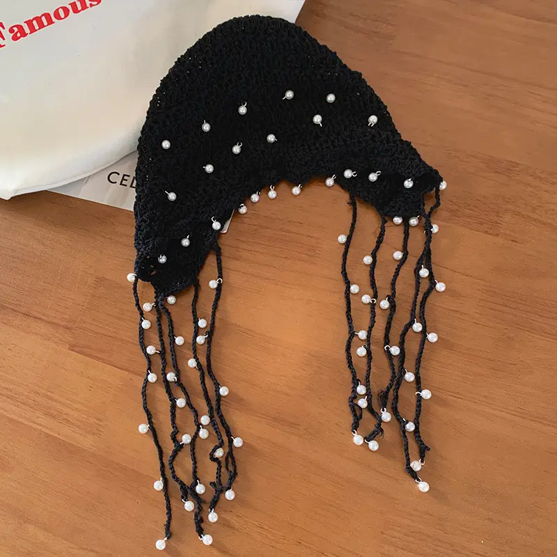 Hollow Out Pearl Tassel Pendant Headband Hat For Women, Summer Ethnic Style Knitted Pullover hat, Retro Face Enhancing Small Hat
