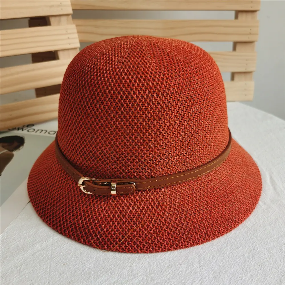 Korean Fashion Women Belt Buckle Bucket Hat Luxury Panama Sunscreen Fisherman Hat Dome Simple Wild Beach Straw Sun Hats