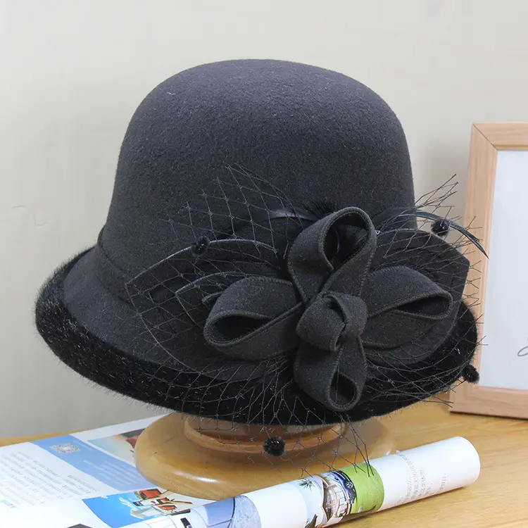 New British Style Top Hat for Women in Autumn and Winter, Woolen Mesh, Leaf Flower Pot Hat, Retro Felt Hat