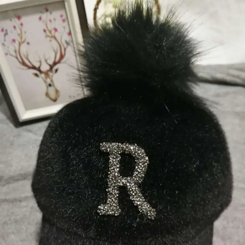Autumn Winter Warm Baseball Cap Women Rhinestone Letter Pompom Hip Hop Caps Ladies Girls Fur Ball Casual Sun Hats