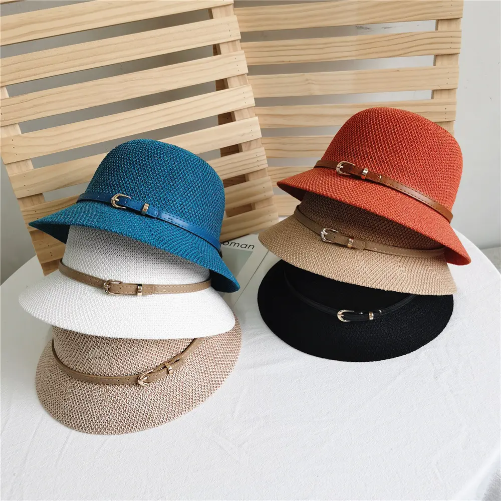 Korean Fashion Women Belt Buckle Bucket Hat Luxury Panama Sunscreen Fisherman Hat Dome Simple Wild Beach Straw Sun Hats