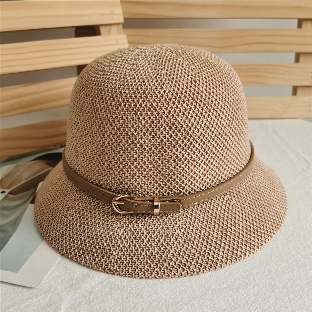 Korean Fashion Women Belt Buckle Bucket Hat Luxury Panama Sunscreen Fisherman Hat Dome Simple Wild Beach Straw Sun Hats