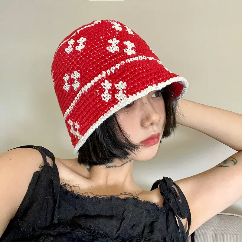 New Knitted Flower Korean Version Spring Summer Crochet Fisherman Cap Women Handmade Bucket Hats Can Be Rolled Edge Panama Hats