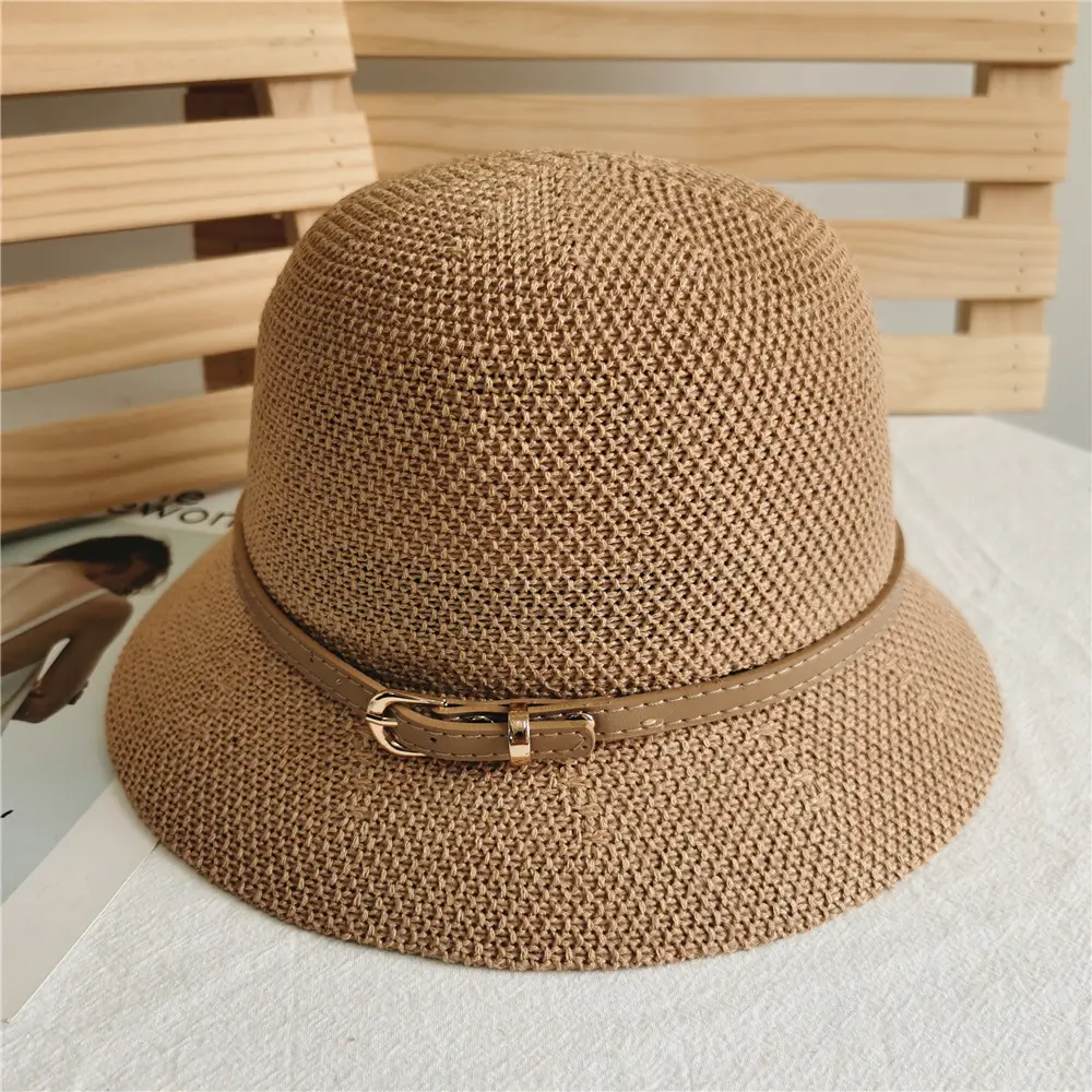 Korean Fashion Women Belt Buckle Bucket Hat Luxury Panama Sunscreen Fisherman Hat Dome Simple Wild Beach Straw Sun Hats