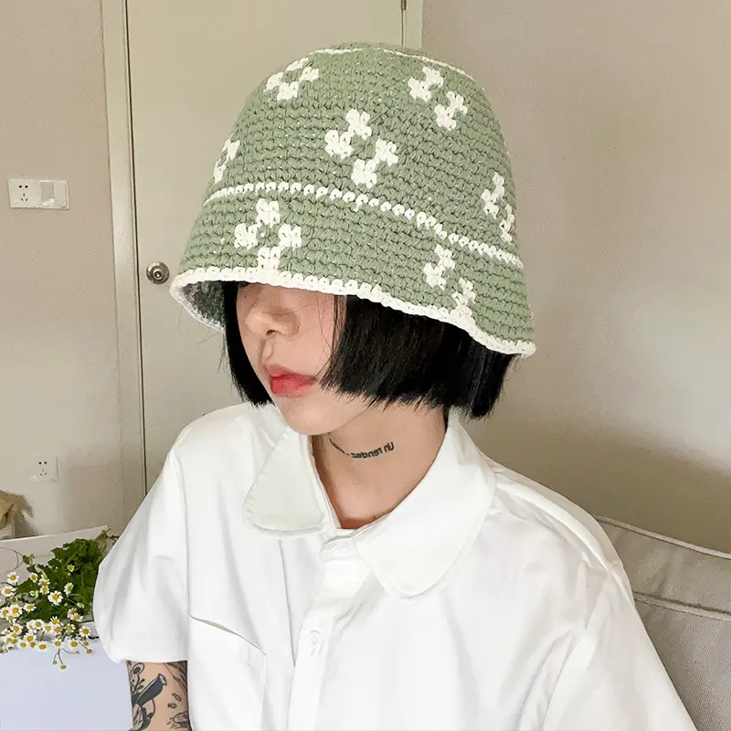 New Knitted Flower Korean Version Spring Summer Crochet Fisherman Cap Women Handmade Bucket Hats Can Be Rolled Edge Panama Hats