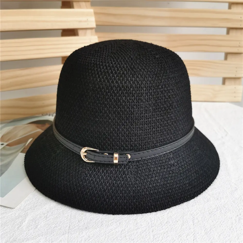 Korean Fashion Women Belt Buckle Bucket Hat Luxury Panama Sunscreen Fisherman Hat Dome Simple Wild Beach Straw Sun Hats
