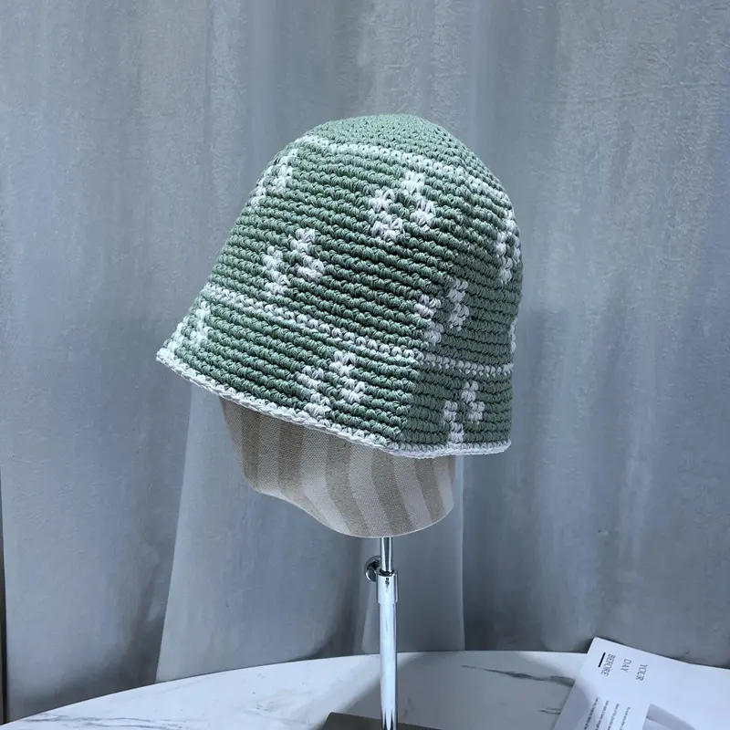 New Knitted Flower Korean Version Spring Summer Crochet Fisherman Cap Women Handmade Bucket Hats Can Be Rolled Edge Panama Hats