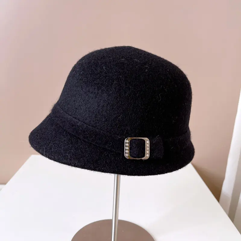 Japanese Wool Hat Women's Autumn and Winter Warm Knitted Hat Diamond Buckle Ribbon Fisherman Hat Front and Back Small Basin Hat