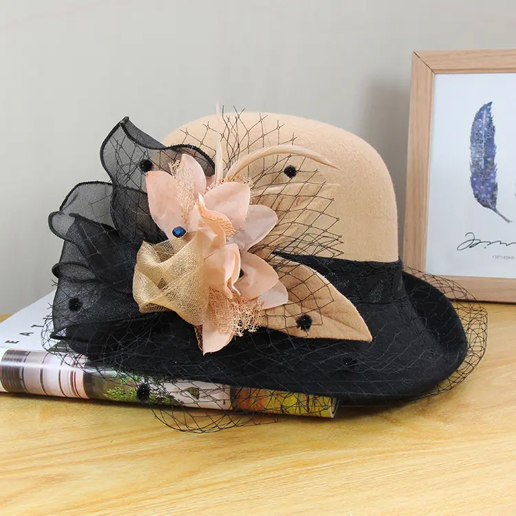 Woolen Woolen Hat for Ladies, Autumn and Winter Vintage Versatile Basin Hat, Mesh Flower Rolled Edge Top Hat