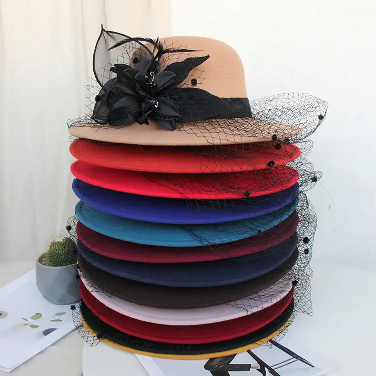 Autumn and Winter New Hepburn Large Brimmed Woolen Hat, British Retro Felt Hat, Mesh Flower Banquet Top Hat