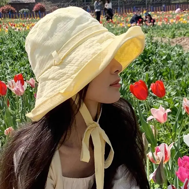 Cotton And Linen Japanese And Korean Spring/Summer Versatile Hat Strap Drawstring Lightweight Fisherman Hat Sun Hat