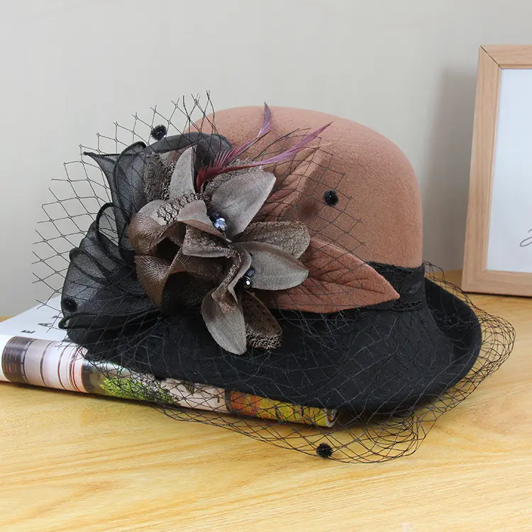 Woolen Woolen Hat for Ladies, Autumn and Winter Vintage Versatile Basin Hat, Mesh Flower Rolled Edge Top Hat
