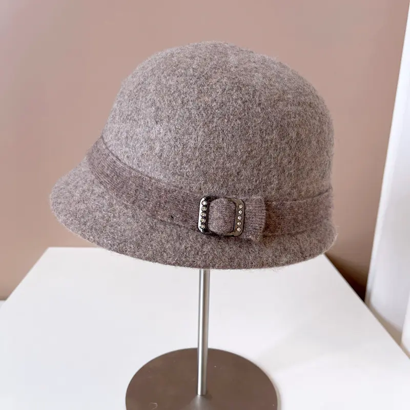Japanese Wool Hat Women's Autumn and Winter Warm Knitted Hat Diamond Buckle Ribbon Fisherman Hat Front and Back Small Basin Hat