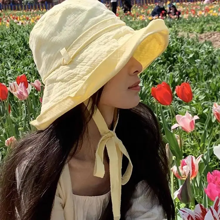 Cotton And Linen Japanese And Korean Spring/Summer Versatile Hat Strap Drawstring Lightweight Fisherman Hat Sun Hat