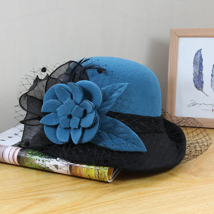 Woolen Woolen Hat for Ladies, Autumn and Winter Vintage Versatile Basin Hat, Mesh Flower Rolled Edge Top Hat