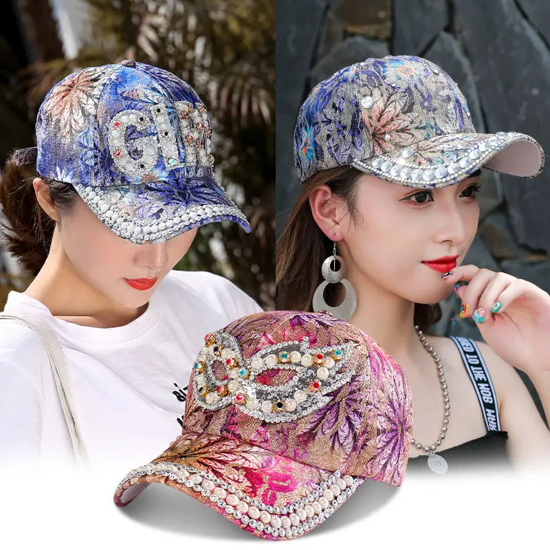 Women Sun Hats With Rhinestone UV Protection Shiny Decorate Baseball Cap Dance Show Personality Caps Street Outdoor Hip Hop Hat