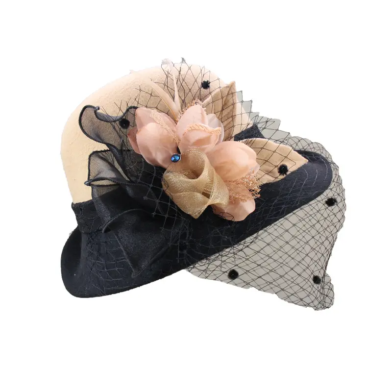 Woolen Woolen Hat for Ladies, Autumn and Winter Vintage Versatile Basin Hat, Mesh Flower Rolled Edge Top Hat