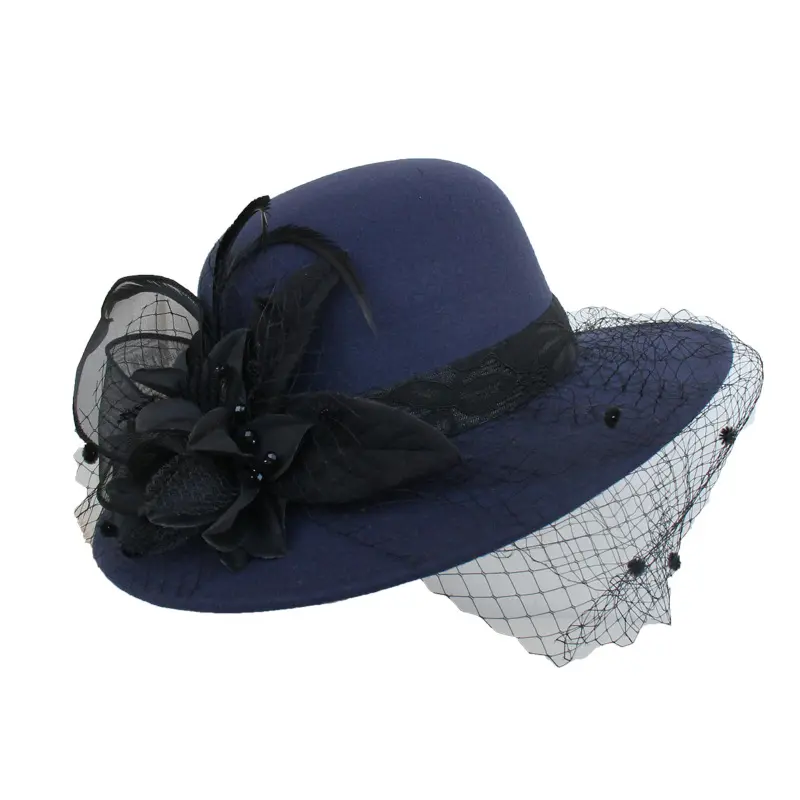 Autumn and Winter New Hepburn Large Brimmed Woolen Hat, British Retro Felt Hat, Mesh Flower Banquet Top Hat