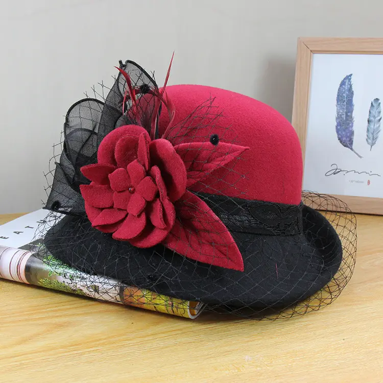 Woolen Woolen Hat for Ladies, Autumn and Winter Vintage Versatile Basin Hat, Mesh Flower Rolled Edge Top Hat