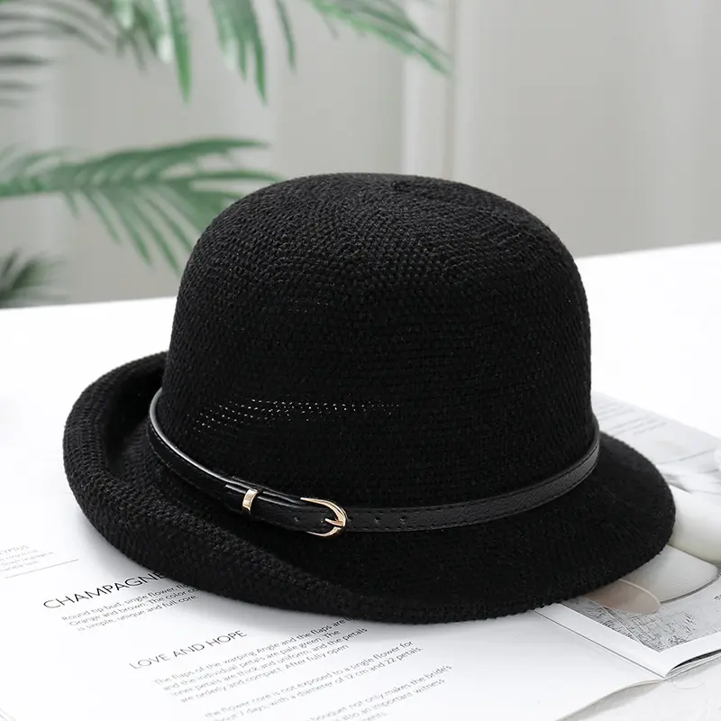 Spring And Summer Breathable Belt Buckle Fisherman Hat For Vacation, Sun Shading And Sun Protection, Rolled Edge Basin Hat