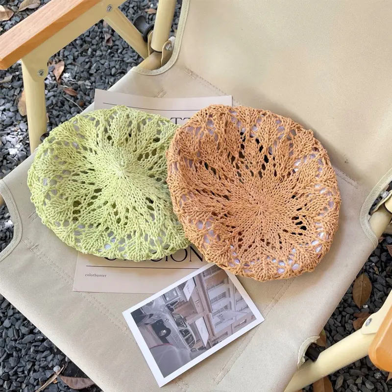2022 NEW Woman Hat Summer Hand Crocheted hollowed out papyrus Beret hat For girl Fashion painter Cap  ladies hats