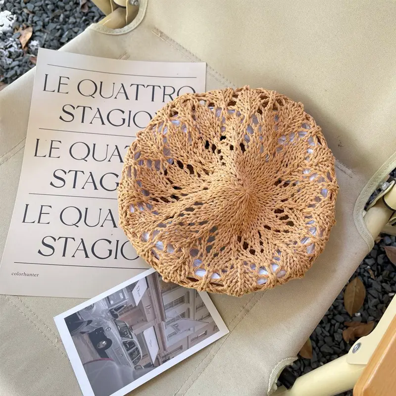 2022 NEW Woman Hat Summer Hand Crocheted hollowed out papyrus Beret hat For girl Fashion painter Cap  ladies hats