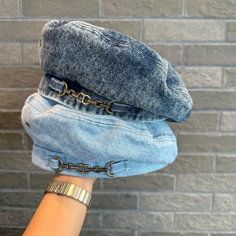 New Denim French Style Hat Chain Beret Children's Outdoor Pumpkin Hat Versatile Hat Big Head Circumference Painter Hat