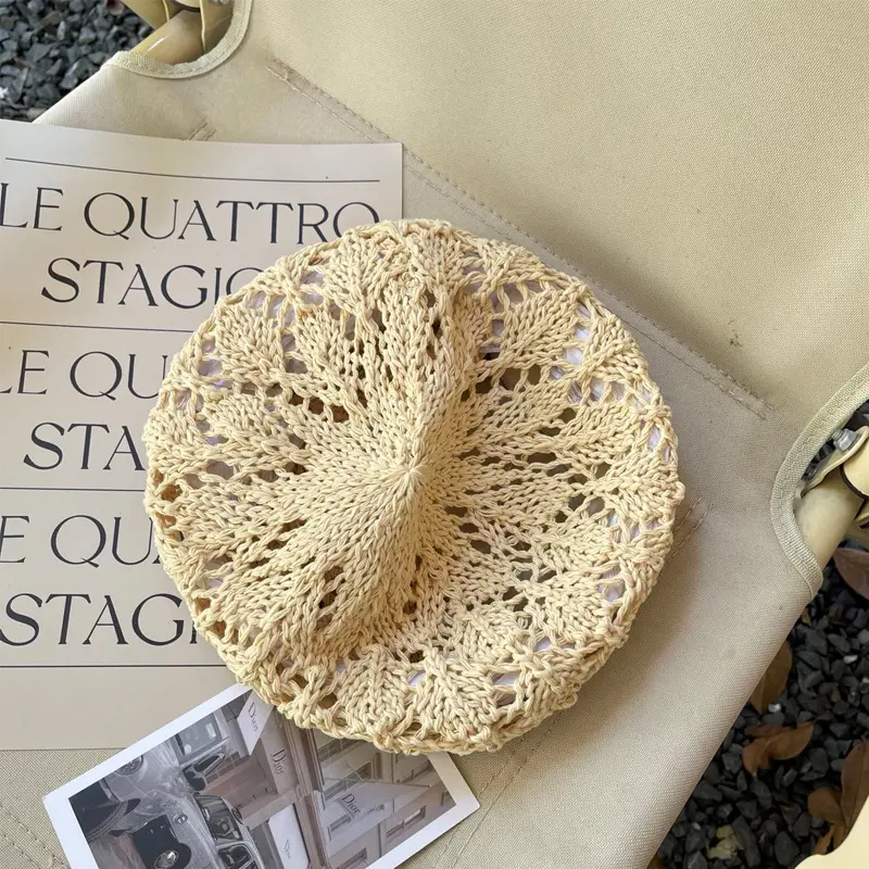 2022 NEW Woman Hat Summer Hand Crocheted hollowed out papyrus Beret hat For girl Fashion painter Cap  ladies hats