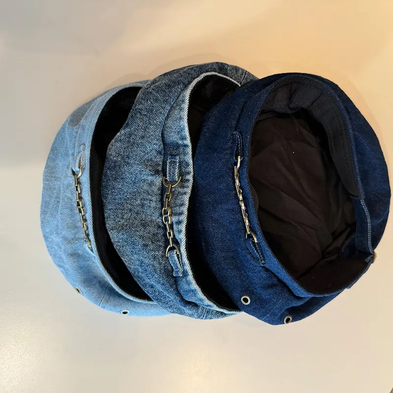New Denim French Style Hat Chain Beret Children's Outdoor Pumpkin Hat Versatile Hat Big Head Circumference Painter Hat