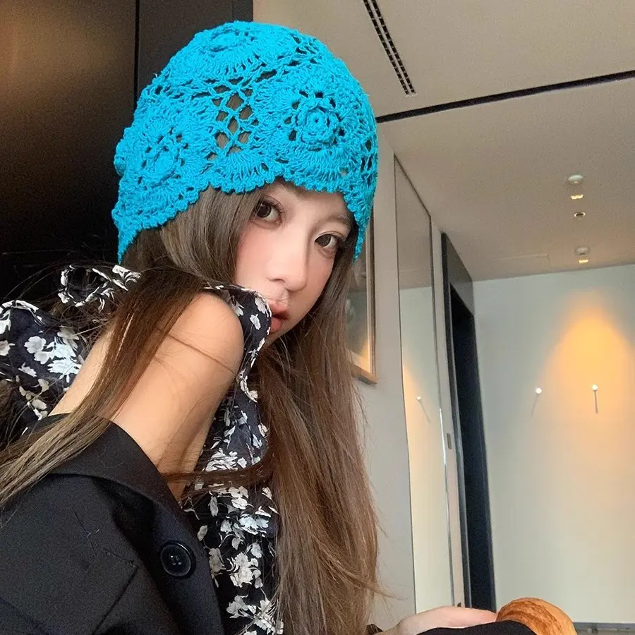 Retro Ethnic sSyle Handmade Crochet Flower Pile hat, Spring And Summer Artistic Versatile Hollow Out Pullover Knitted Hat
