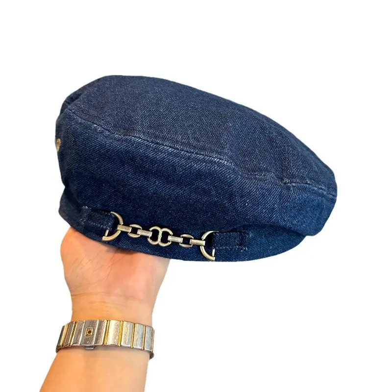 New Denim French Style Hat Chain Beret Children's Outdoor Pumpkin Hat Versatile Hat Big Head Circumference Painter Hat