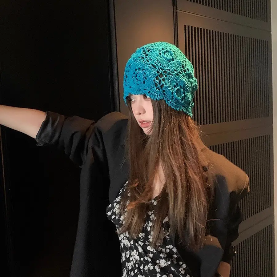 Retro Ethnic sSyle Handmade Crochet Flower Pile hat, Spring And Summer Artistic Versatile Hollow Out Pullover Knitted Hat