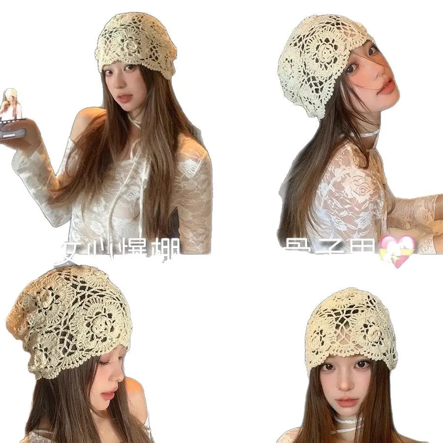 Retro Ethnic sSyle Handmade Crochet Flower Pile hat, Spring And Summer Artistic Versatile Hollow Out Pullover Knitted Hat
