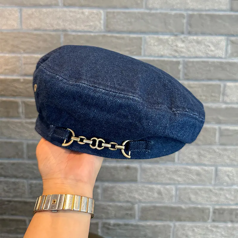 New Denim French Style Hat Chain Beret Children's Outdoor Pumpkin Hat Versatile Hat Big Head Circumference Painter Hat