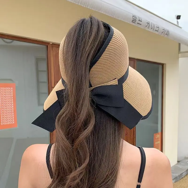 Japanese Summer Vacation With Large Eaves, Sun Protection, Sun Shading, Grass Weaving, UV Protection, Foldable Top Hat, Bow Hat