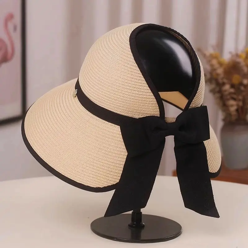 Japanese Summer Vacation With Large Eaves, Sun Protection, Sun Shading, Grass Weaving, UV Protection, Foldable Top Hat, Bow Hat