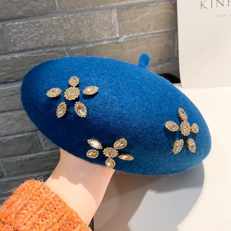 Retro Bailey Hat Women's Autumn and Winter British Woollen Cloth Rhinestone Flower Bud Hat Fashion Fashion Octagon Artist Hat