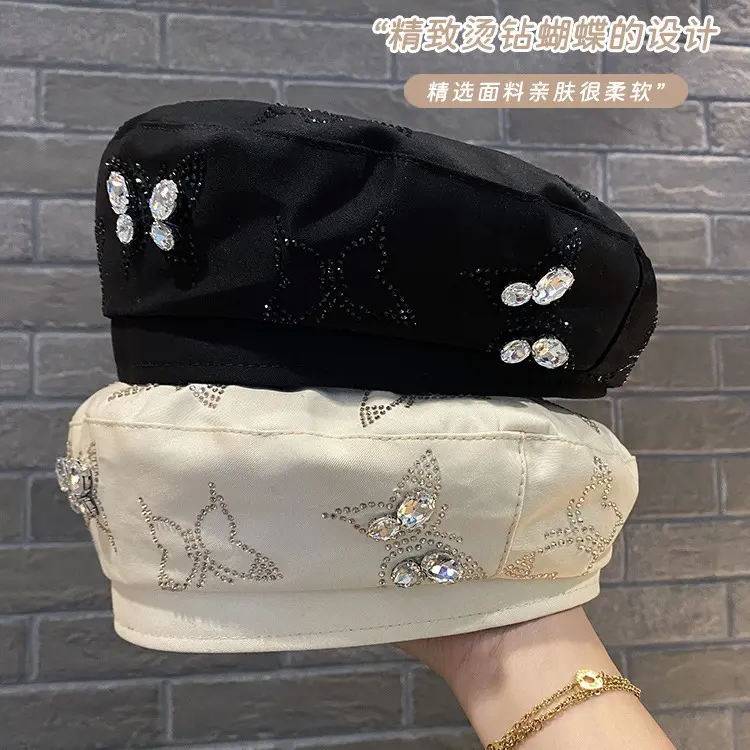Beret Women's Butterfly Rhinestone High-End Sense Bud Hat Spring And Summer Korean Versatile Painter Hat Sun Hat