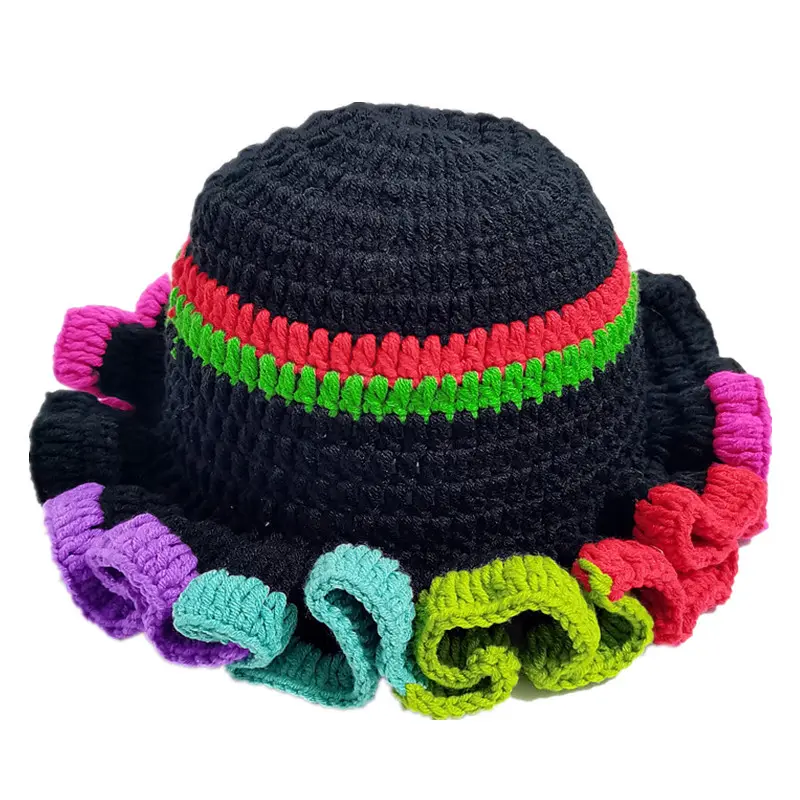 Colorful Crochet Ruffle Bucket Hat Warm Stretch Knit Hat New Year Celebration Women's Fashion Handmade Beanie Hat