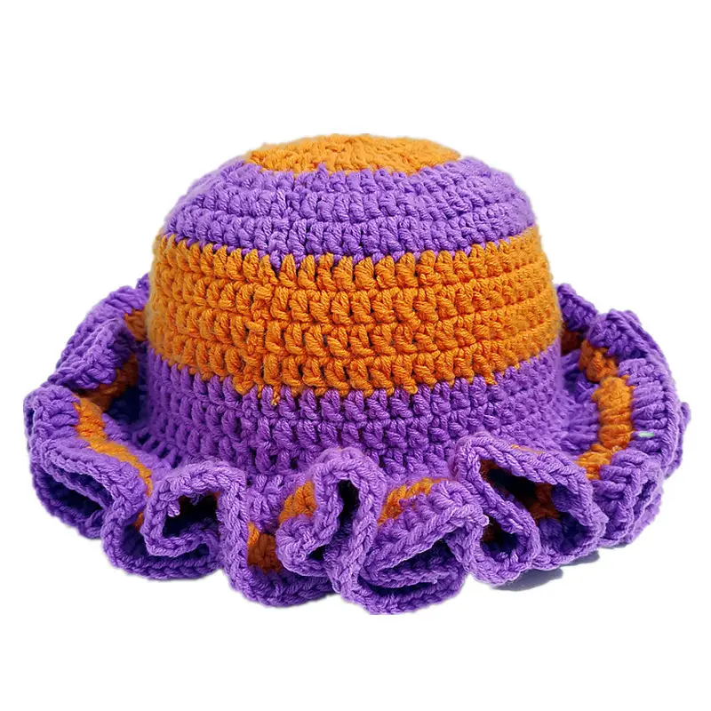 Colorful Crochet Ruffle Bucket Hat Warm Stretch Knit Hat New Year Celebration Women's Fashion Handmade Beanie Hat