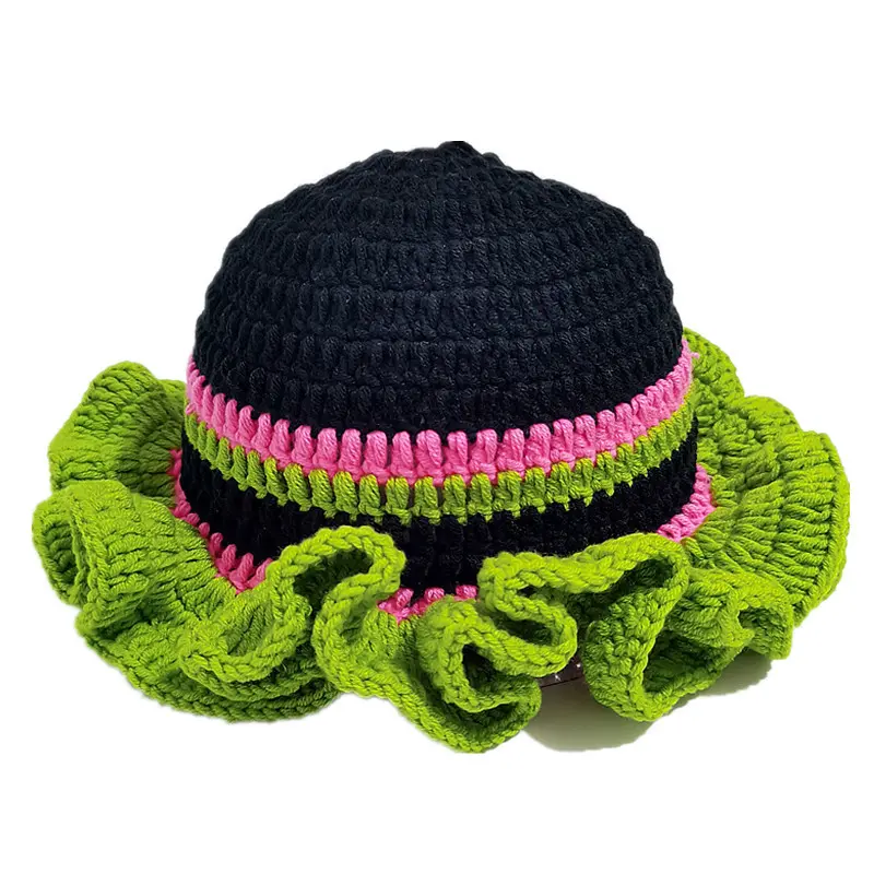 Colorful Crochet Ruffle Bucket Hat Warm Stretch Knit Hat New Year Celebration Women's Fashion Handmade Beanie Hat