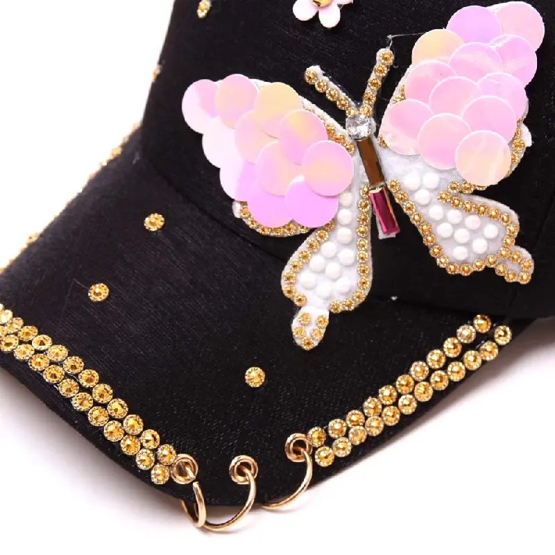 Autumn Women's Baseball Cap Women Full Crystal Colorful Big Butterfly Hat Cotton Shiny Metal Snapback Caps Hip Hop hats