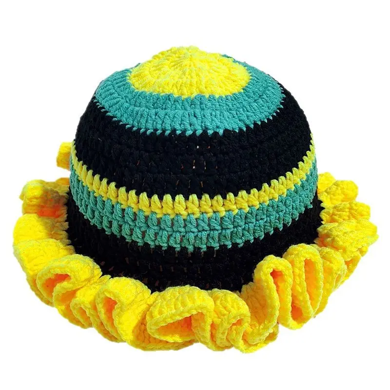 Colorful Crochet Ruffle Bucket Hat Warm Stretch Knit Hat New Year Celebration Women's Fashion Handmade Beanie Hat