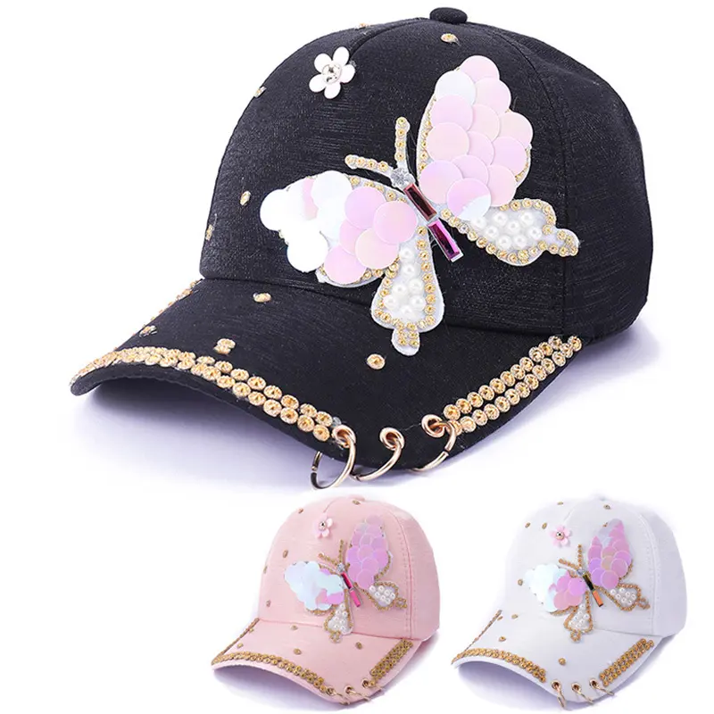 Autumn Women's Baseball Cap Women Full Crystal Colorful Big Butterfly Hat Cotton Shiny Metal Snapback Caps Hip Hop hats