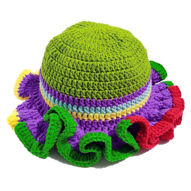 Colorful Crochet Ruffle Bucket Hat Warm Stretch Knit Hat New Year Celebration Women's Fashion Handmade Beanie Hat