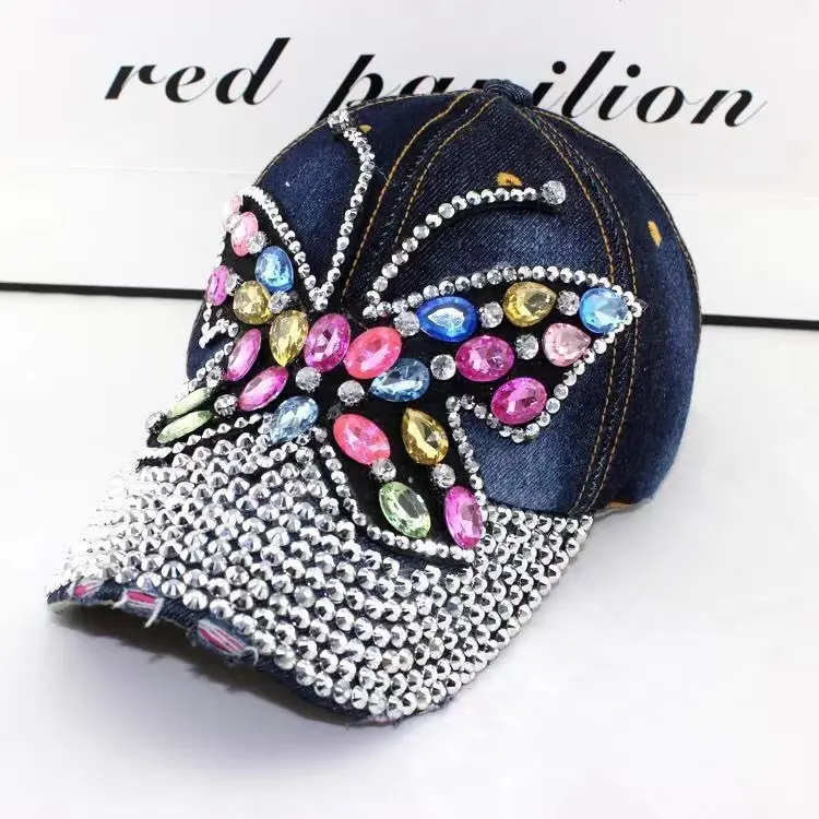 Fall Baseball Cap Women Full Crystal Colorful Big Butterfly Hat Denim Bling Rhinestone Snapback Caps Casquette Summer Hats
