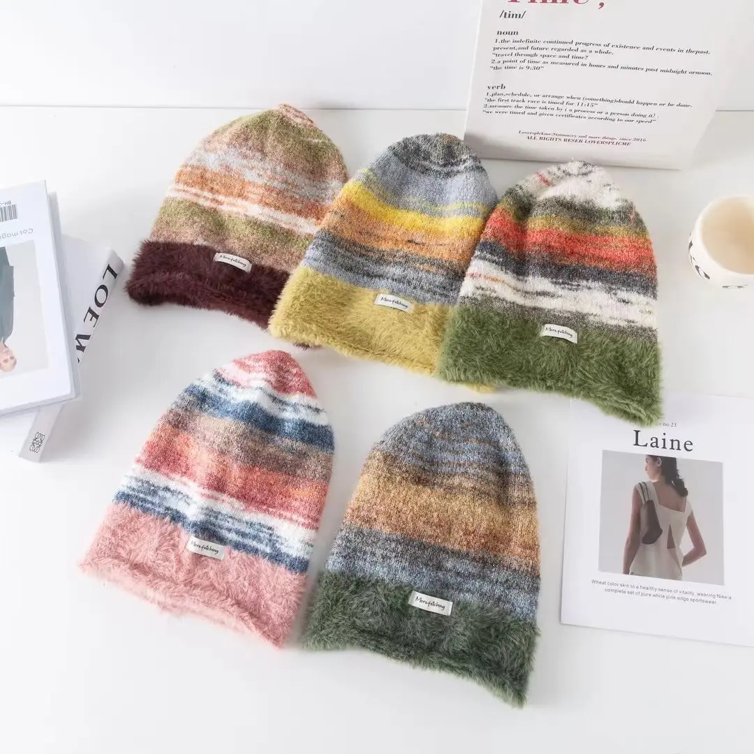 Color Blocked Hat, Japanese Soft And Warm Pullover Hat, Versatile For Autumn And Winter, Plush Cold Hat, Personalized Pile Hat