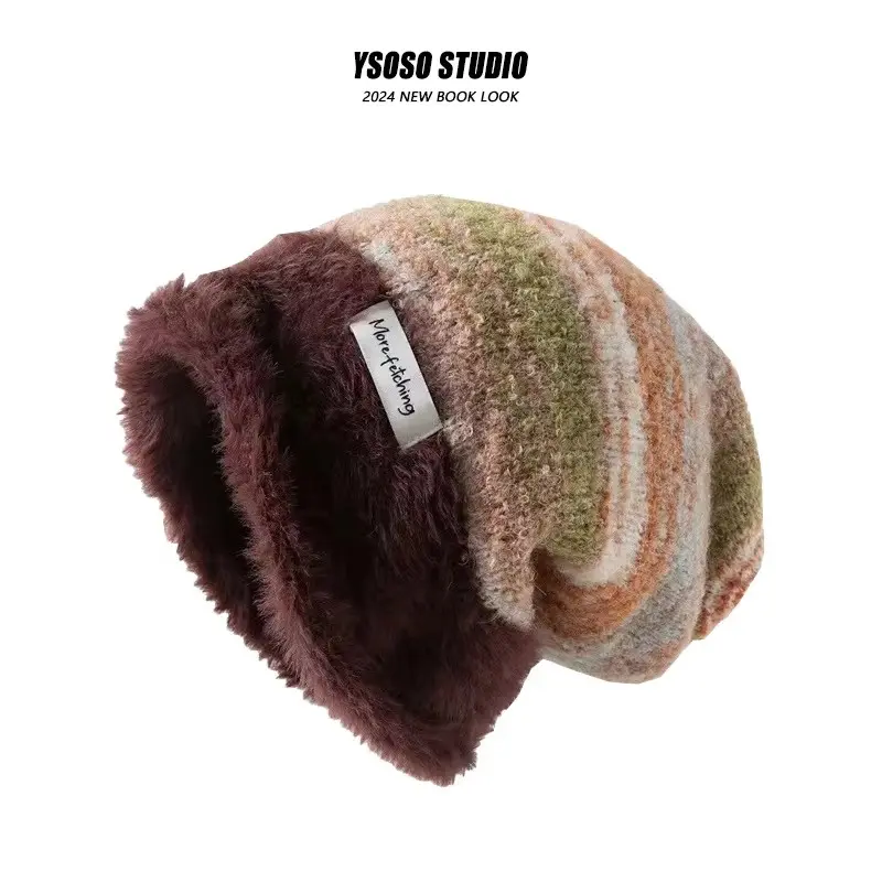 Color Blocked Hat, Japanese Soft And Warm Pullover Hat, Versatile For Autumn And Winter, Plush Cold Hat, Personalized Pile Hat