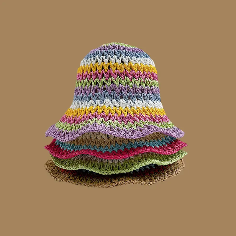 Summer Rainbow Striped Bucket Hat Woman Crochet Beach Fisherman Hat Foldable Handmade Weave Sun Hat Female Panama Wholesale